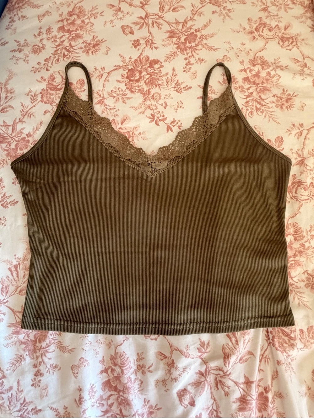 SHEIN Olive Ribbed Lace-Trim Cami Tank
